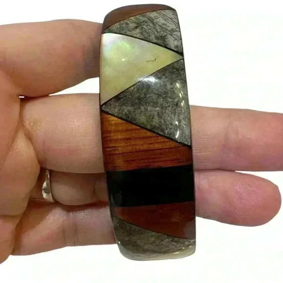 Vintage Inlay Bangle Bracelet Mother of Pearl - Picture 1 of 8